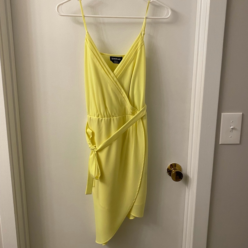 Bebe Asymmetrical Tulip Hem Dress with Sash.